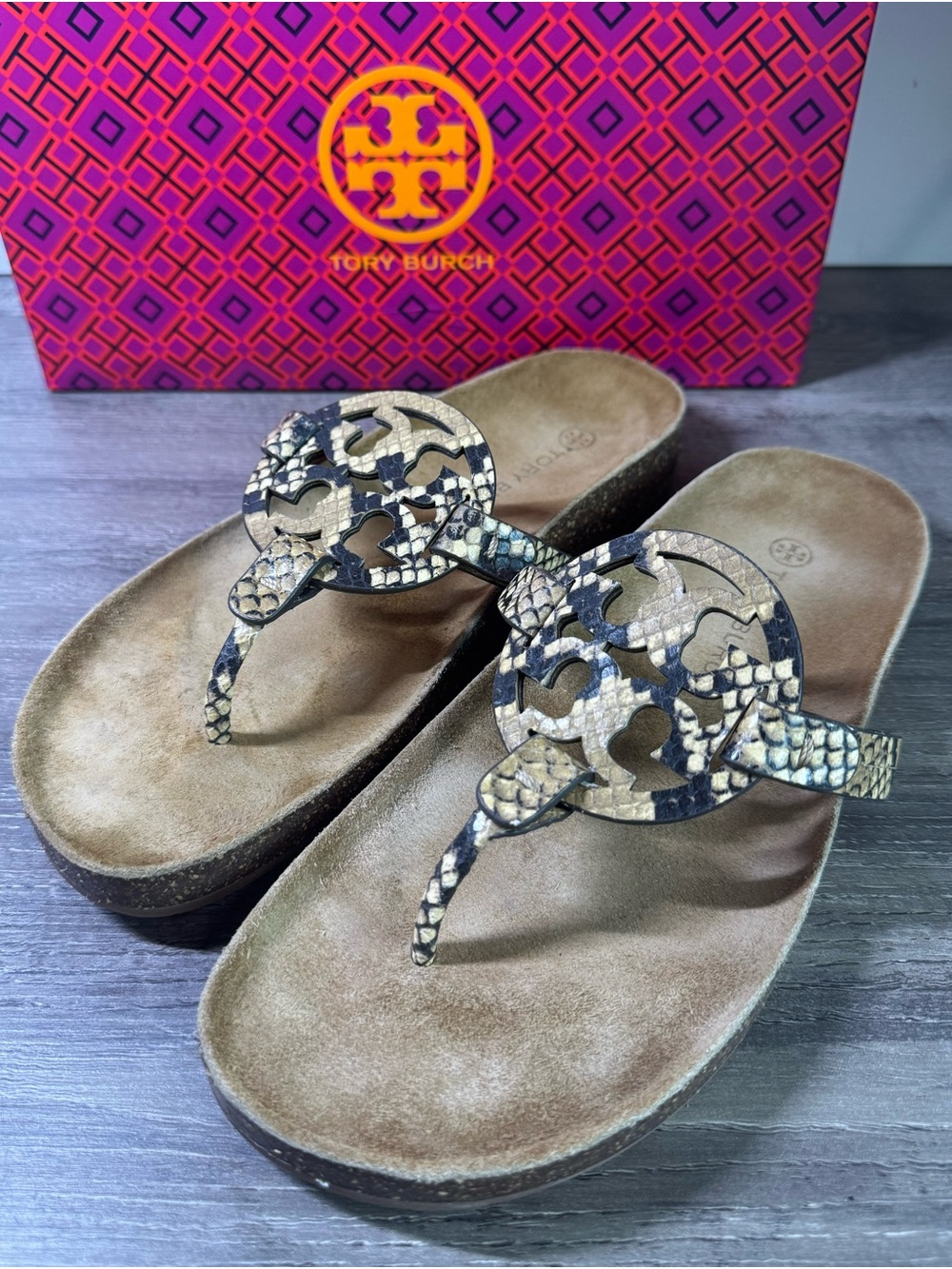 Tory Burch Snake-Print Miller Cloud Thong Sandals size 9 IMMACULATE